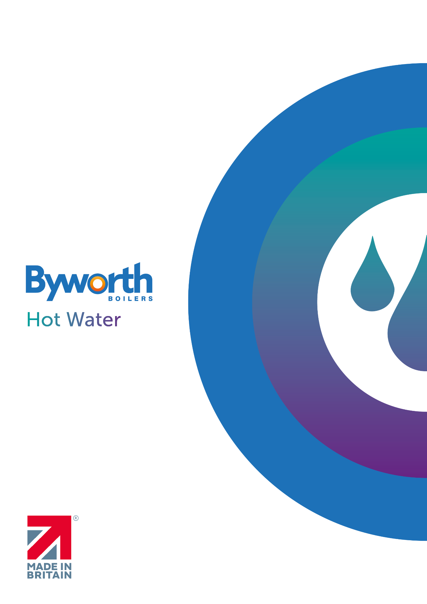 Brochure front cover for hot water boilers featuring a blue, turquoise and purple circle, with water drop icons and the Byworth logo